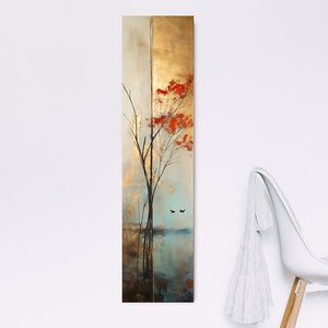 May include: Abstract painting of a tree with red leaves and two birds flying over a blue and gold water scene.