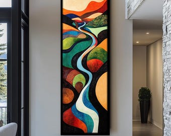 カラフルな抽象的なキャンバスアート、縦長の絵画、モダンな室内装飾