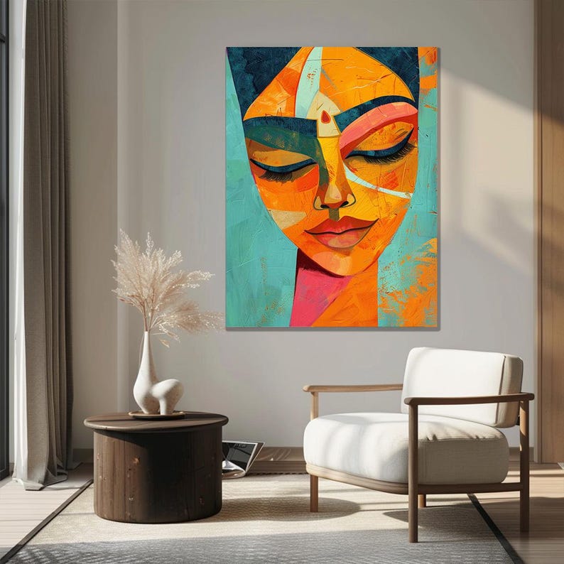 a painting of a woman's face on a wall