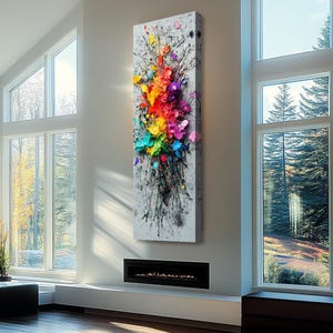 Puede incluir: Pintura abstracta con una explosión colorida de salpicaduras de pintura en tonos de rojo, naranja, amarillo, verde, azul, morado y negro sobre un fondo blanco.