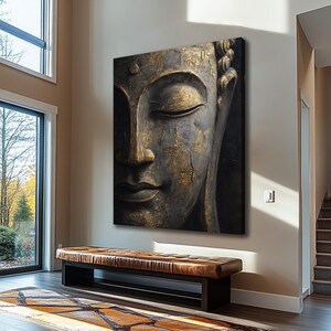 a large, ornate Buddha statue on the wall, with a wooden bench in the foreground.