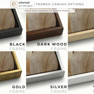 a collection of framed artwork options, each with a different color and frame style. The options include black, dark wood, wood, gold, silver, and white frames. The text indicates that the same color selection is applied to all framed posters, suggesting that the image is a collage of multiple framed artwork options.