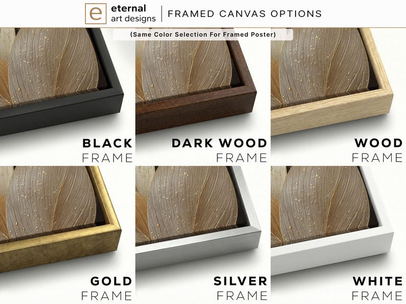 a collection of framed artwork options, each with a different color and frame style. The options include black, dark wood, wood, gold, silver, and white frames. The text indicates that the same color selection is applied to all framed posters, suggesting that the image is a collage of multiple framed artwork options.