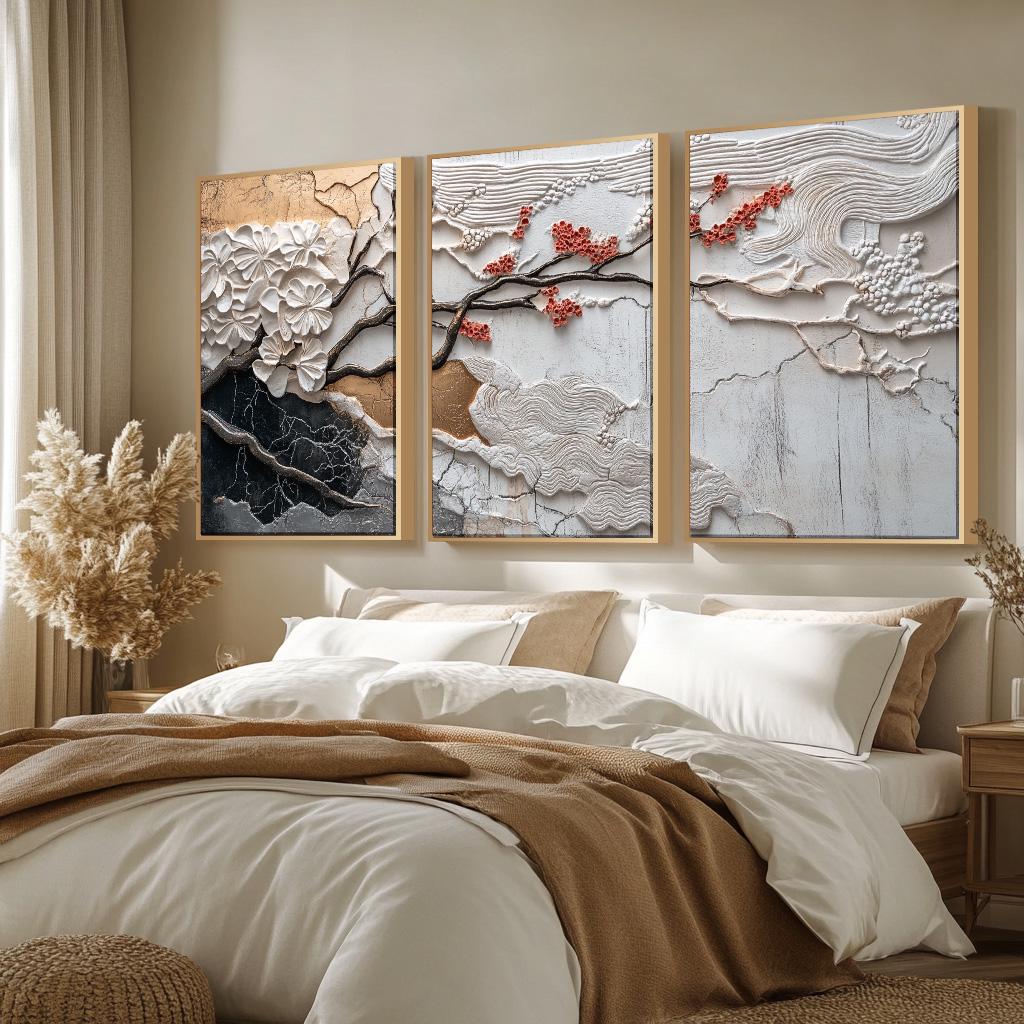 Japandi Triptych Art Set, Large 3 Piece Abstract Wall Decor