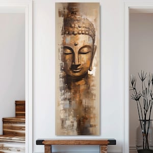 May include: A vertical painting of a Buddha face in a brown and gold color scheme. The background is a textured abstract design in shades of brown, beige, and white.