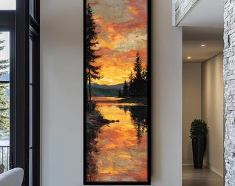 Peut inclure: Peinture de paysage verticale encadrée représentant un coucher de soleil sur un lac. L'œuvre présente un ciel vibrant avec des teintes orange et jaune, se reflétant dans l'eau. Des arbres et des montagnes en silhouette ajoutent de la profondeur.