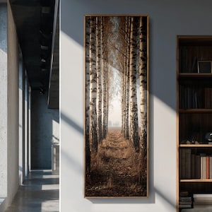 May include: A tall, vertical rectangular wall art piece featuring a photographic print of a birch tree forest. The image displays a narrow path between rows of white and black bark trees leading toward a bright, hazy horizon in the distance.