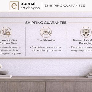 The image is a shipping guarantee advertisement for Eternal Art Designs, featuring three shipping guarantee options: No Import Duties or Customs Fees, Free Shipping, and Secure, High-Quality Packaging.