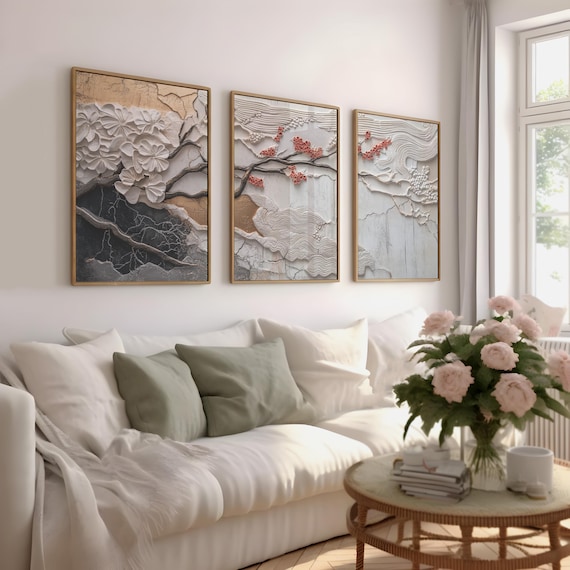 Japandi Triptych Art Set, Large 3 Piece Abstract Wall Decor