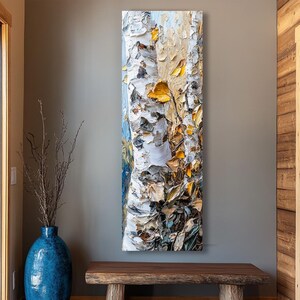 May include: A close-up of a white birch tree trunk with peeling bark. The bark is textured and has a rough surface. The tree is painted in a realistic style with shades of white, gray, and yellow.