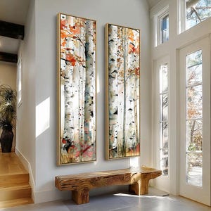 Modern Birch Tree Wall Art Print, Framed Nature Canvas or Poster Set, Long Narrow Artpiece, Tall Vertical Decor for Hallway, Home or Office