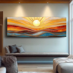 May include: A rectangular wall art piece featuring a stylised landscape with a bright yellow sun centred at the top. The composition displays layered, wavy bands of colour transitioning from golden yellow to deep orange, red, and blue at the bottom.