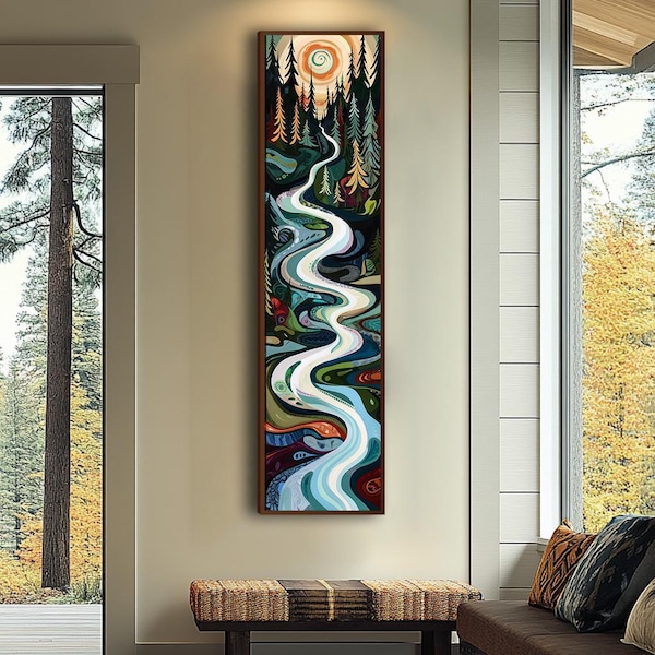 Lange schmale Wandkunst, große und dünne Leinwand Wandkunst, Baum Wandkunst, Natur Wandkunst, vertikale Wandkunst, moderne Wandkunst, Bergwandkunst