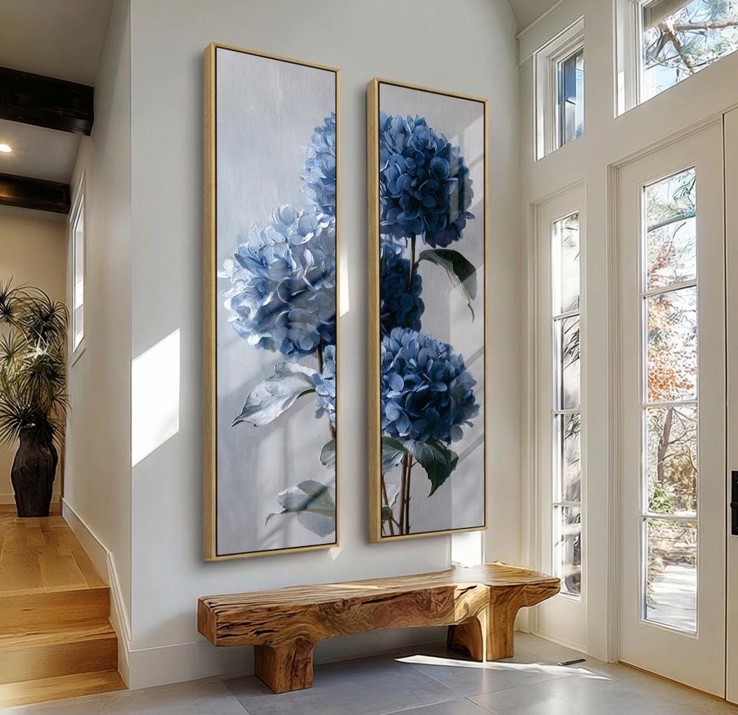 2 Piece Modern Blue Floral Wall Art Print, Framed Nature Canvas or ...