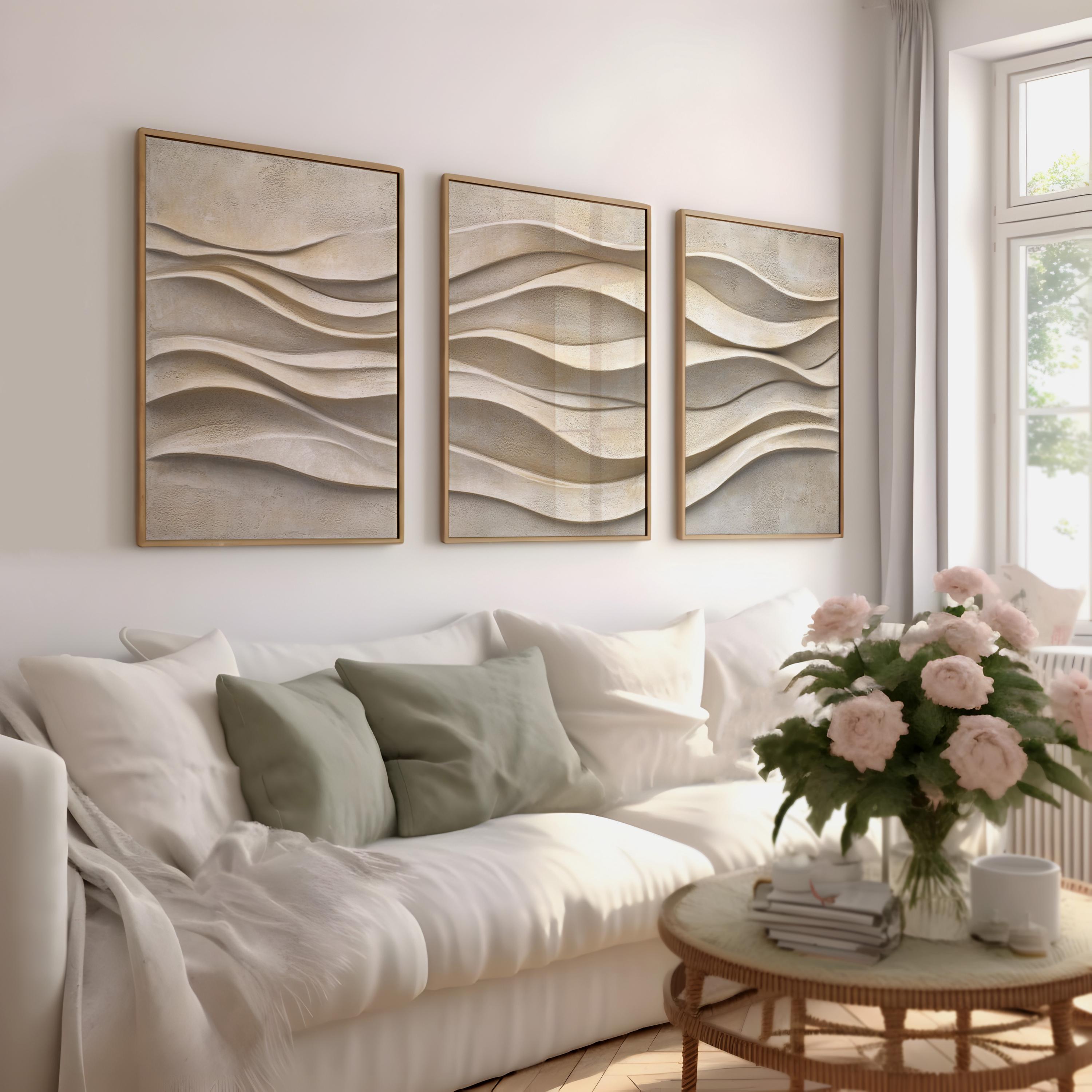 Japandi Triptych Art Set, Large 3 Piece Abstract Wall Decor