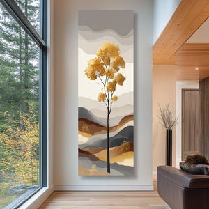 Golden Tree Landscape Wall Art, Tall Narrow Vertical Canvas or Poster Print