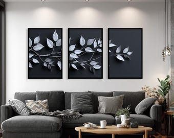 Set of 3 Abstract art for Dining Room or Office Wall, Botanical Floral Wall Art, Boho Framed Canvas Art, 3 Piece Wall Art for Rooms and Hall