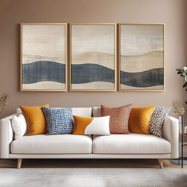 3 Piece Japandi Abstract Artpiece, Abstract Triptych Wall Art, Framed Scandinavian Canvas Art, Japan Set of 3 Art Piece for Living Room,