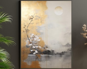 May include: Abstract painting with a gold and gray background. The painting features a white flower branch and a large, white moon in the upper right corner.