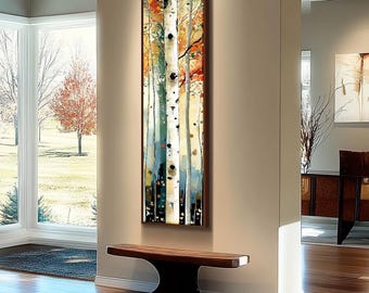 May include: A vertical painting of a forest scene with tall, white birch trees. The trees are painted in a realistic style with a soft, muted color palette of greens, browns, and yellows. The painting is framed in a dark wood frame.