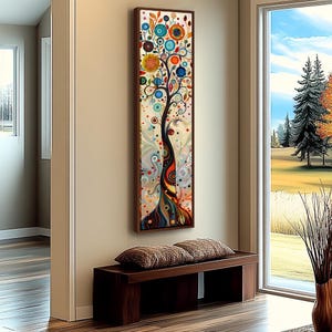 Pode incluir: Uma pintura abstrata colorida de uma árvore com galhos em espiral e flores coloridas. A pintura é emoldurada em uma moldura de madeira marrom e está pendurada em uma parede.