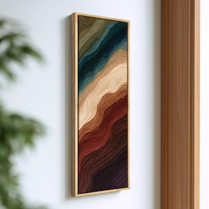 Colorful Agate Layer Wall Art, Tall Narrow Vertical Canvas Print, Teal Cream Rust and Purple Flowing Bands, Framed Modern Decor
