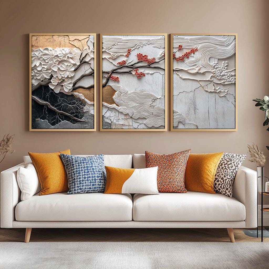 Japandi Triptych Art Set, Large 3 Piece Abstract Wall Decor