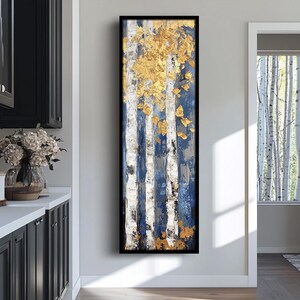 May include: Abstract painting depicting a forest scene with blue and white birch trees and gold leaf accents.
