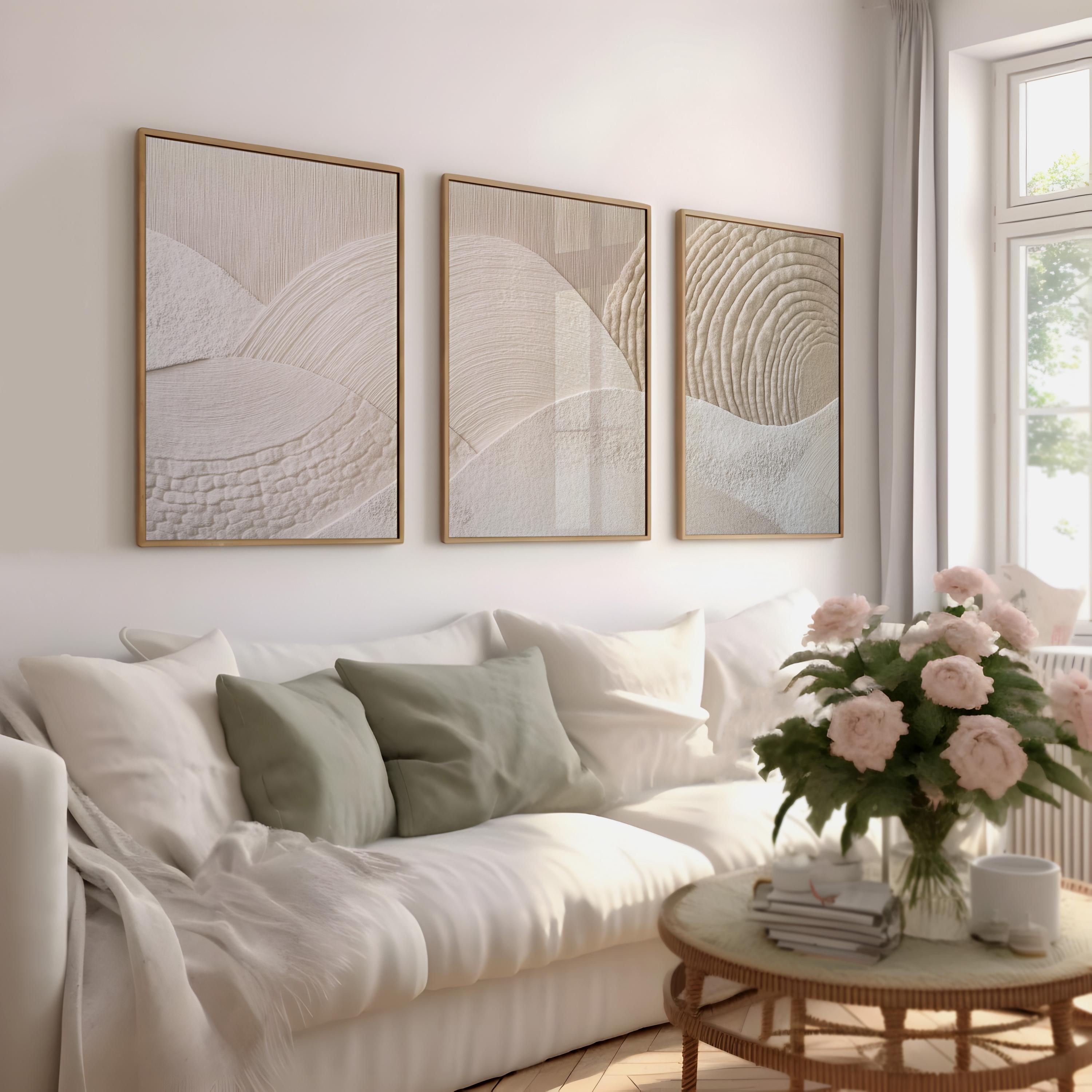 Japandi Triptych Art Set, Large 3 Piece Nature Wall Decor, Modern