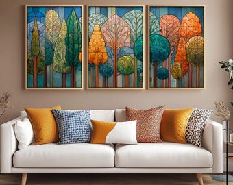 Set of 3 Abstract art for Dining Room or Office Wall, Botanical Floral Wall Art, Boho Framed Canvas Art, 3 Piece Wall Art for Rooms and Hall