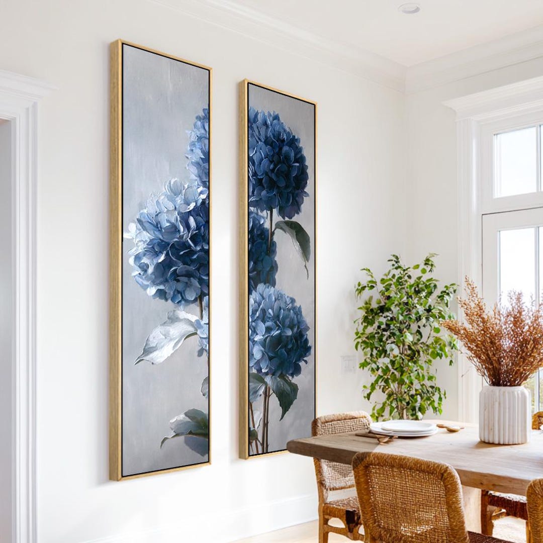 2 Piece Modern Blue Floral Wall Art Print, Framed Nature Canvas or ...