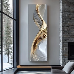 May include: A vertical rectangular wall art piece featuring a central abstract design of flowing, layered ribbons in metallic gold and matte white. The composition creates a continuous, twisting S-curve shape against a solid light grey background.