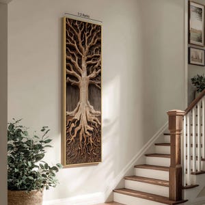 May include: A vertical rectangular wall art piece featuring a detailed relief carving of a tree with exposed roots. The artwork is encased in a thin gold frame and displays the text 1:3 Ratio at the top. The tree is rendered in shades of brown.