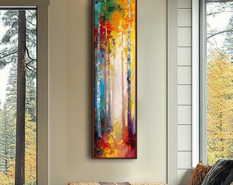 Puede incluir: Una pieza de arte mural rectangular, alta y vertical, que presenta una escena forestal abstracta con pinceladas gruesas y texturizadas en tonos vibrantes de naranja, amarillo, rojo, azul y verde, dentro de un marco de madera marrón oscuro.