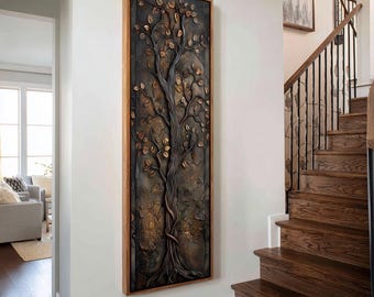 Puede incluir: Una pieza de arte mural alta y rectangular que presenta un árbol esculpido en tres dimensiones con un tronco y ramas oscuros y texturizados, adornados con hojas de color bronce metálico, dentro de un marco de madera clara.