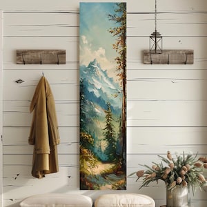 May include: A vertical painting of a mountain landscape with a path leading through a forest of pine trees. The sky is a light blue with white clouds. The mountains are a mix of blue, green, and white.