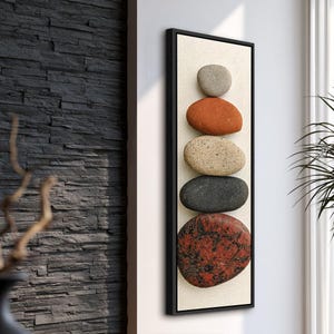 Balanced Stones Wall Art, Tall Narrow Vertical Canvas Print, Rust Grey and Cream Pebble Stack, Framed Minimalist Zen Decor