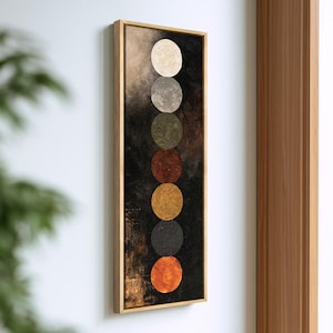 Geometric Circle Wall Art, Tall Narrow Vertical Canvas Print, Stacked Earth Tone Discs on Black, Framed Modern Abstract Decor