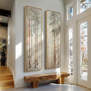 2 Piece Modern Birch Tree Wall Art Print, Framed Nature Canvas or Poster Set, Long Narrow Artpiece, Tall Vertical Decor for Home or Office
