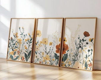 3 Piece Boho Canvas Wall Art - Wildflower Modern Triptych Set, Nature Floral Art Set, Classic Large Wall Art for Dining Room or Bedroom