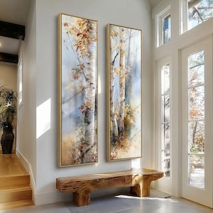 Set of 2 Long Narrow Wall Art, Tall Thin Birch tree Canvas Prints, Modern Vertical Decor, Framed Poster Set for Hallway, Room or Office