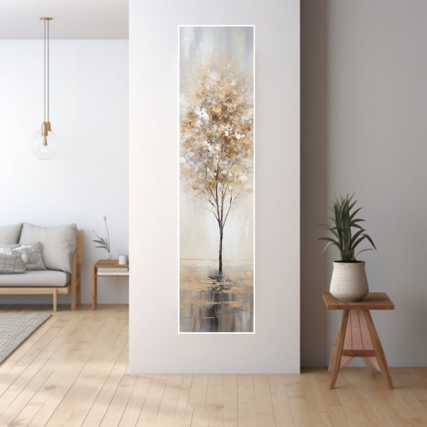 Art mural long et étroit, art mural sur toile grande et fine, art mural arbre, art mural nature, art mural vertical, art mural lotus