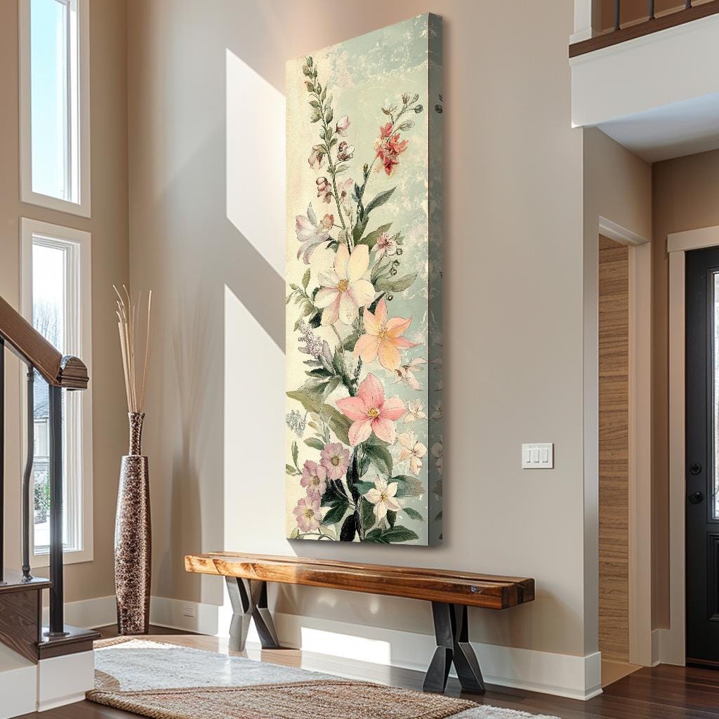 Tall Thin Modern Floral Wall Art, Long Vertical Abstract Canvas Print for Bedroom or Living Room Decor, Tall and Thin art for Room or Halls
