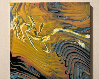 12in by 12in white, Gold, Pink, Blue, Black acrylic canvas pour painting.