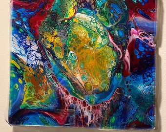 Resin-Coated Acrylic Pour Painting, 12in Canvas, Colorful Fluid Art