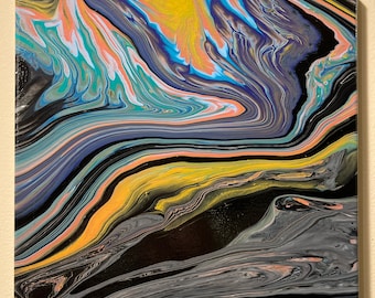 12in by 12in white, Gold, Pink, Blue, Black acrylic canvas pour painting.
