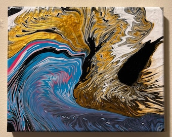 10in by 8in white, Gold, Pink, Blue, Black acrylic canvas pour painting.