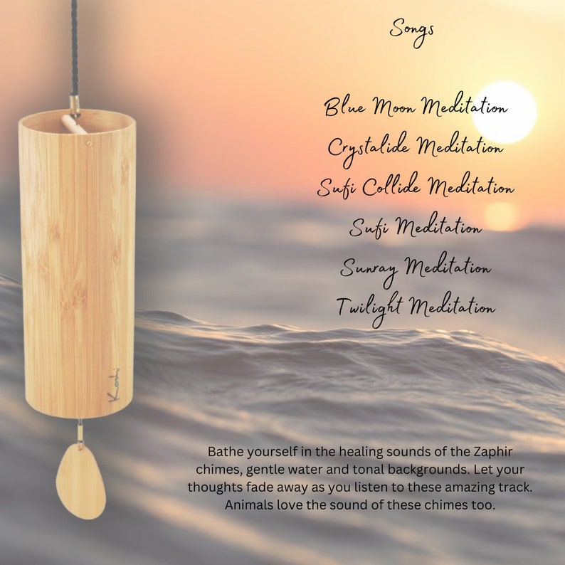 May include: A wooden wind chime with a natural finish. The chime is hanging from a string and has a small wooden striker. The chime is in front of a sunset background with water.