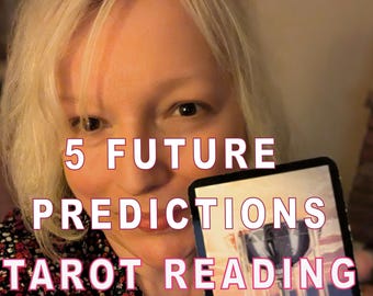 May include: Image of a person holding a tarot card with the text "5 Future Predictions Tarot Reading". The card features an illustration of a cup and water lilies. The person is wearing a floral print top.