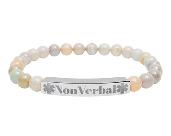 Non Verbal Medical Alert Engraved Natural Stone Stretch Bar Bracelet | Beaded ID Bracelet